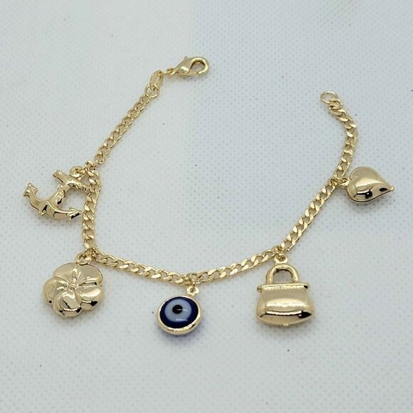 Brand New Brazilian 18k Gold Filled Multi Charms w/   Blue Evil Eye Bracelet - Picture 7 of 7